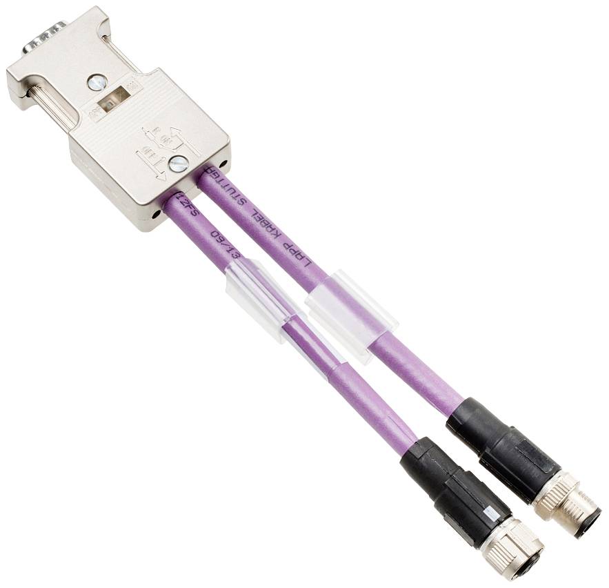 An industrial connector with two purple cables and silver terminals, suitable for automated systems.