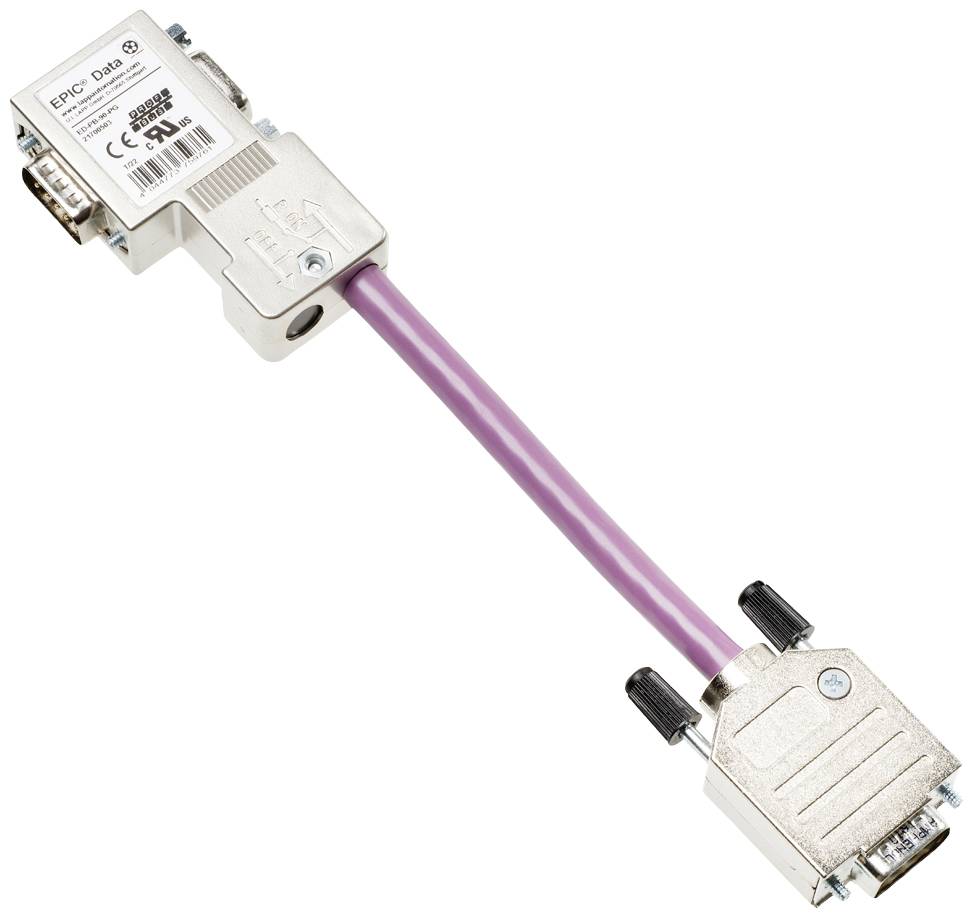 A purple cable with metal connectors at both ends, suitable for industrial electrical connections. Connects devices with RS232 interface.