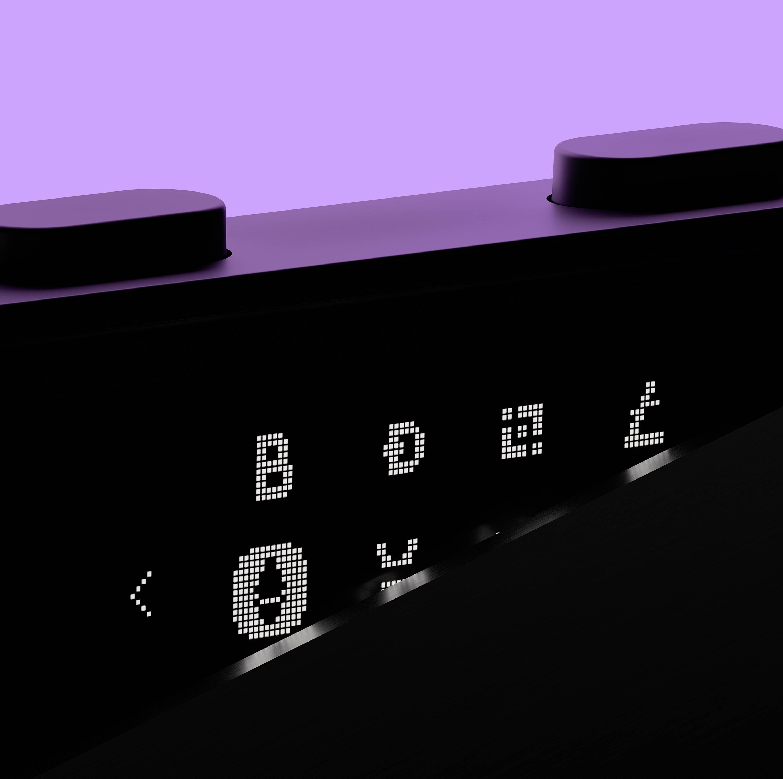 Close-up of a black speaker with digital symbol display on a purple background. Symbols indicate audio and Bluetooth connections.