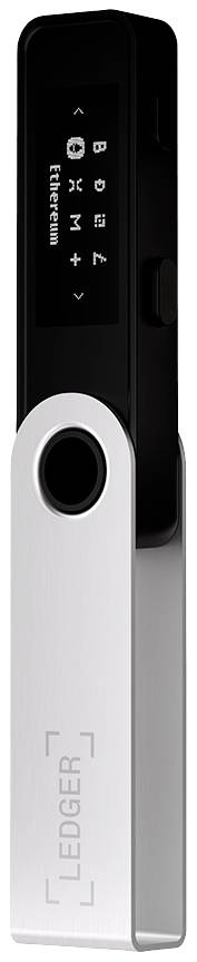 A cryptographic hardware wallet device with a small screen displays information about 'Ethereum'.