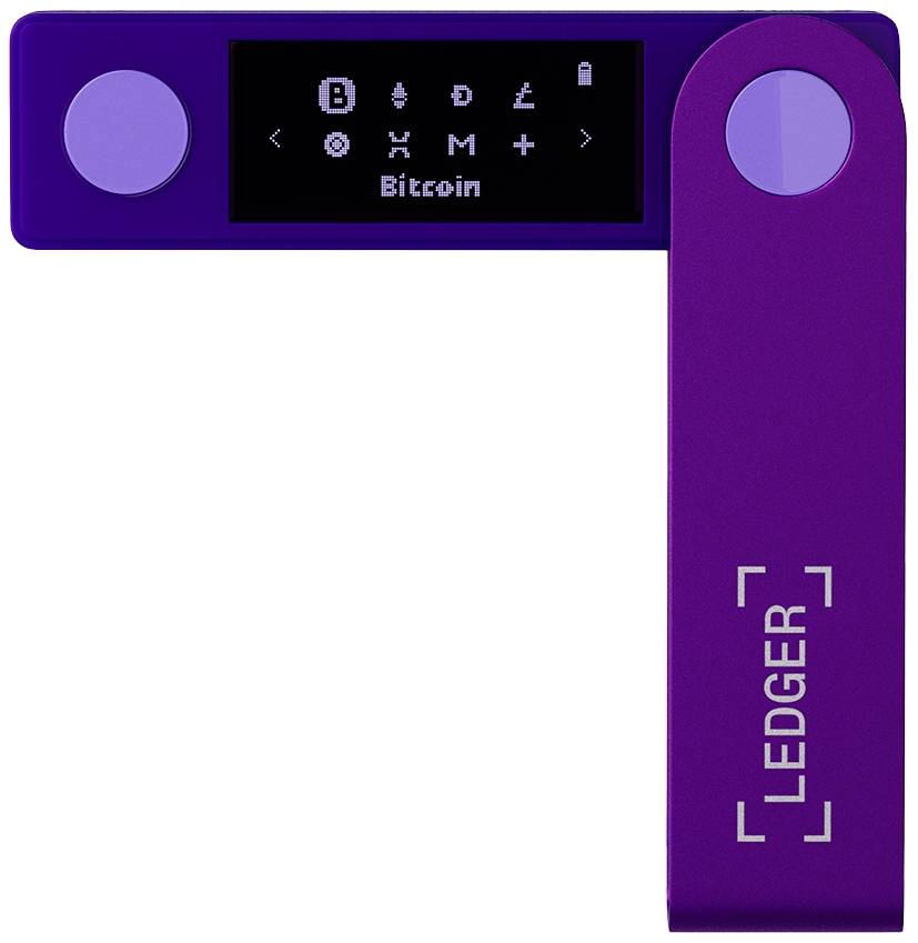 A purple hardware cryptocurrency wallet with a display showing 'Bitcoin' and control buttons at the ends.