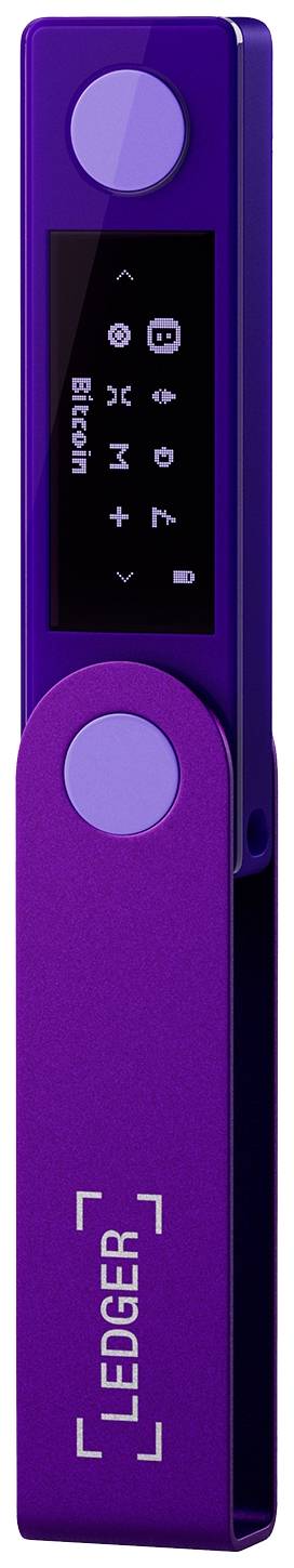 A purple hardware wallet with a screen displaying 'Bitcoin' is shown. Round buttons are positioned at the top and bottom. The text 'LEDGER' appears on the front.