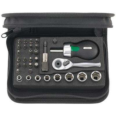 A set of mini ratchets and sockets in a black case. Includes various bit inserts and ratchet tools for repair work.