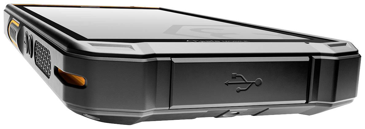 A robust smartphone with a reinforced case and sealed USB port rests on a surface.