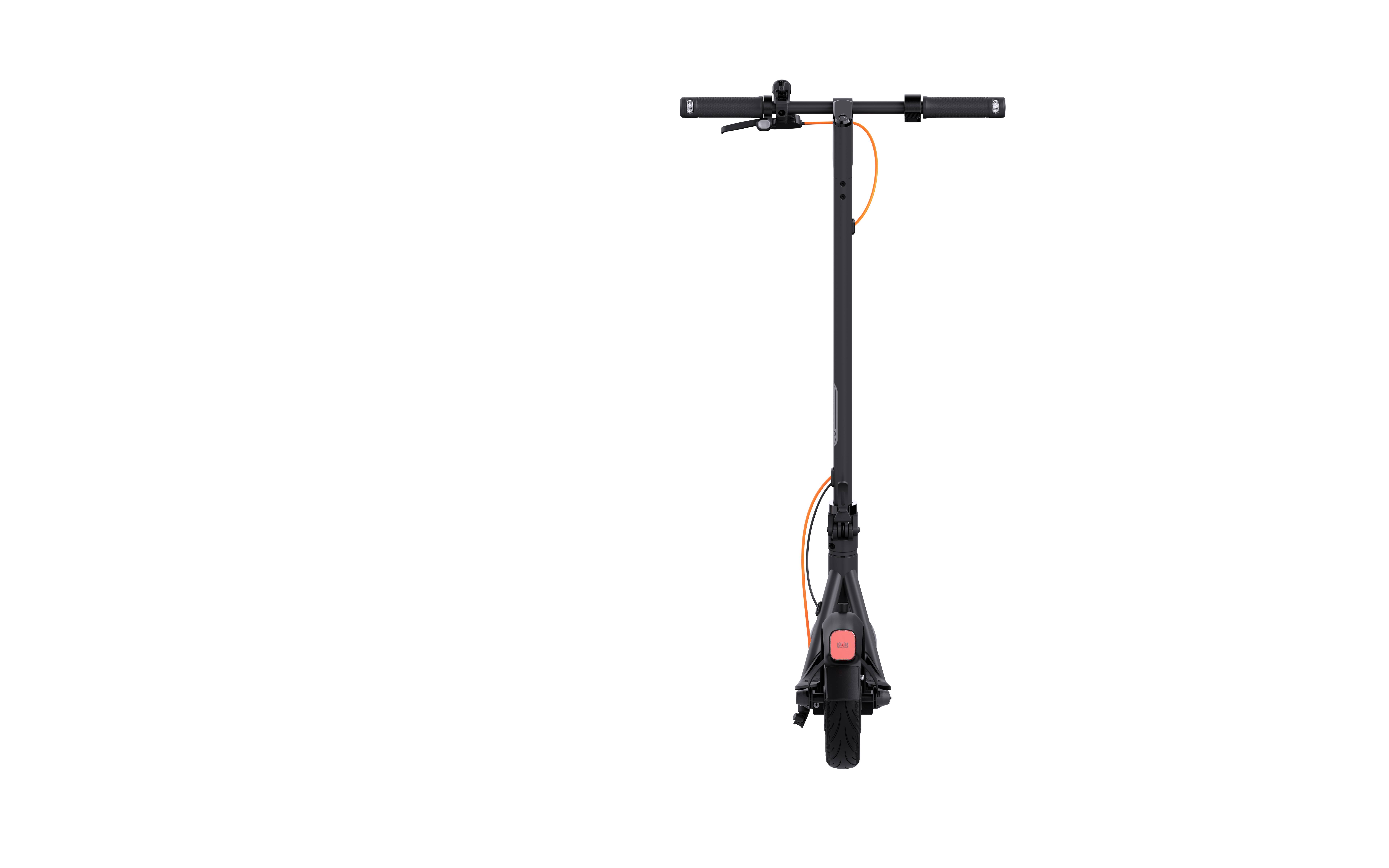 A black e-scooter stands upright against a white background, with an orange cable and a red reflector on the handlebar.