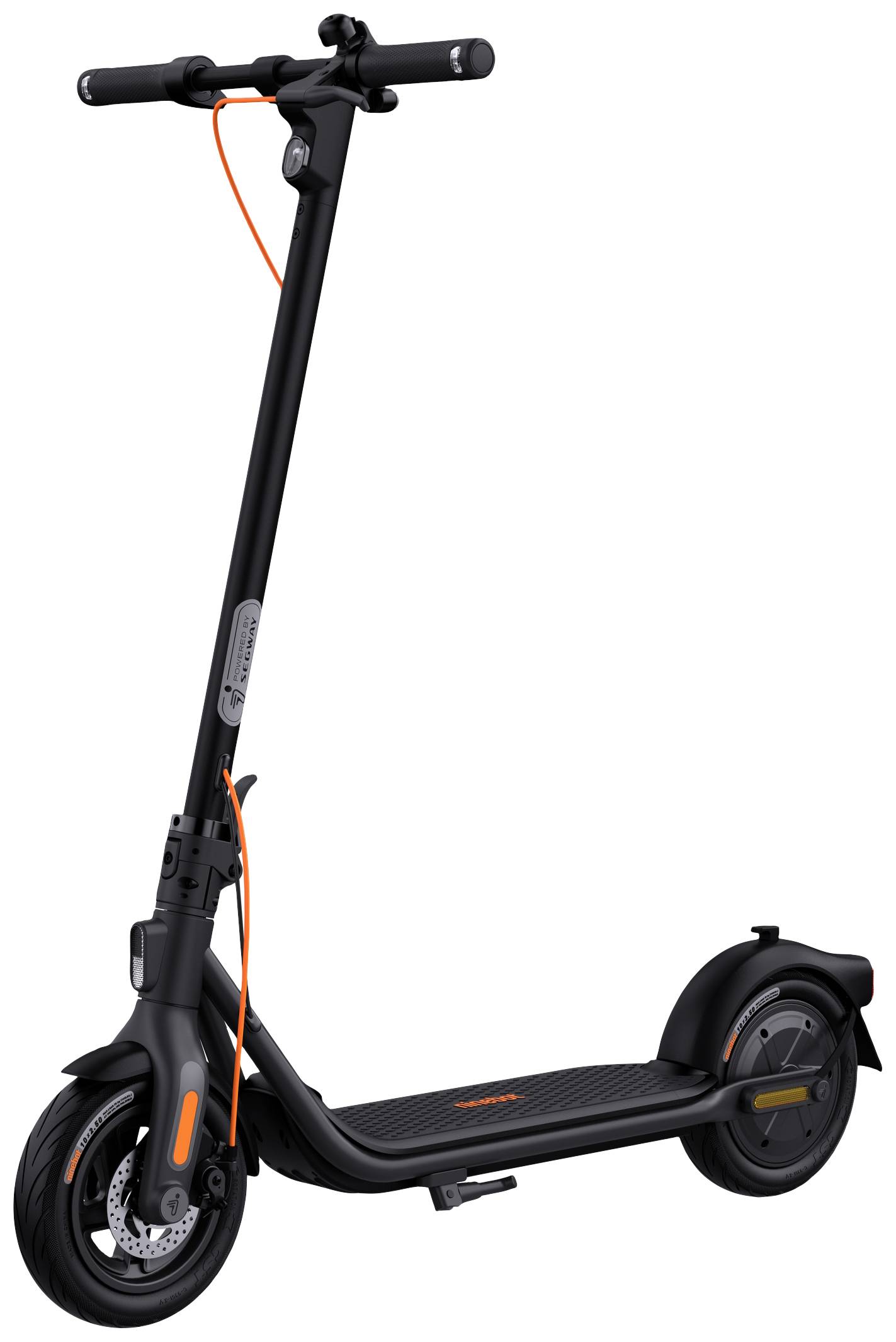 Electric scooter with a black frame and orange accents, featuring large front and rear tyres, suitable for urban mobility.