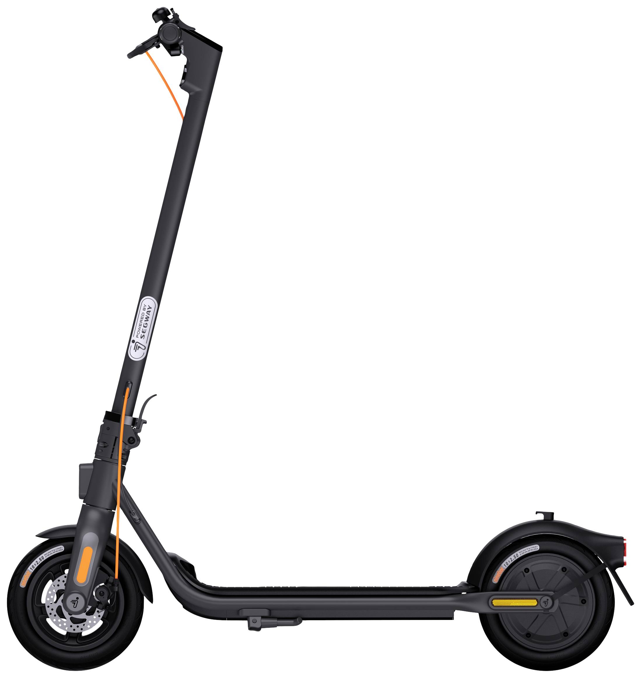 A black e-scooter with orange accents stands sideways. The handlebars are at the top, the wheels at the bottom.
