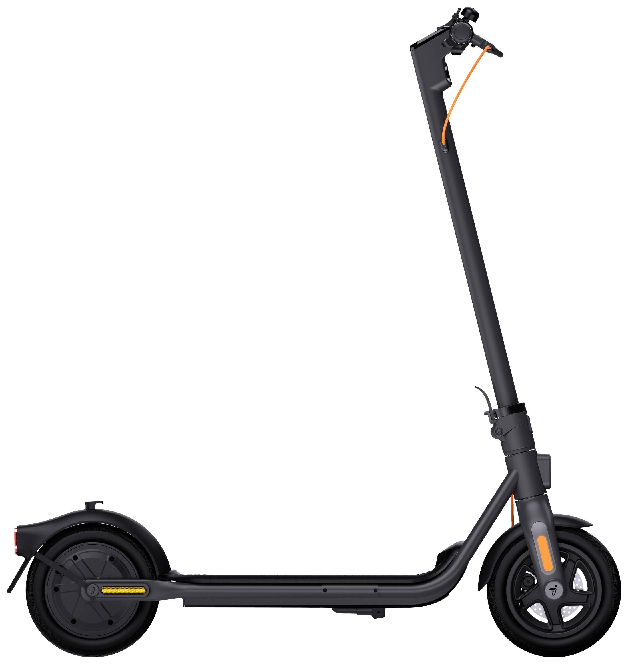 A black electric scooter with orange accents stands upright. The design is sleek, with large wheels and a robust footboard.