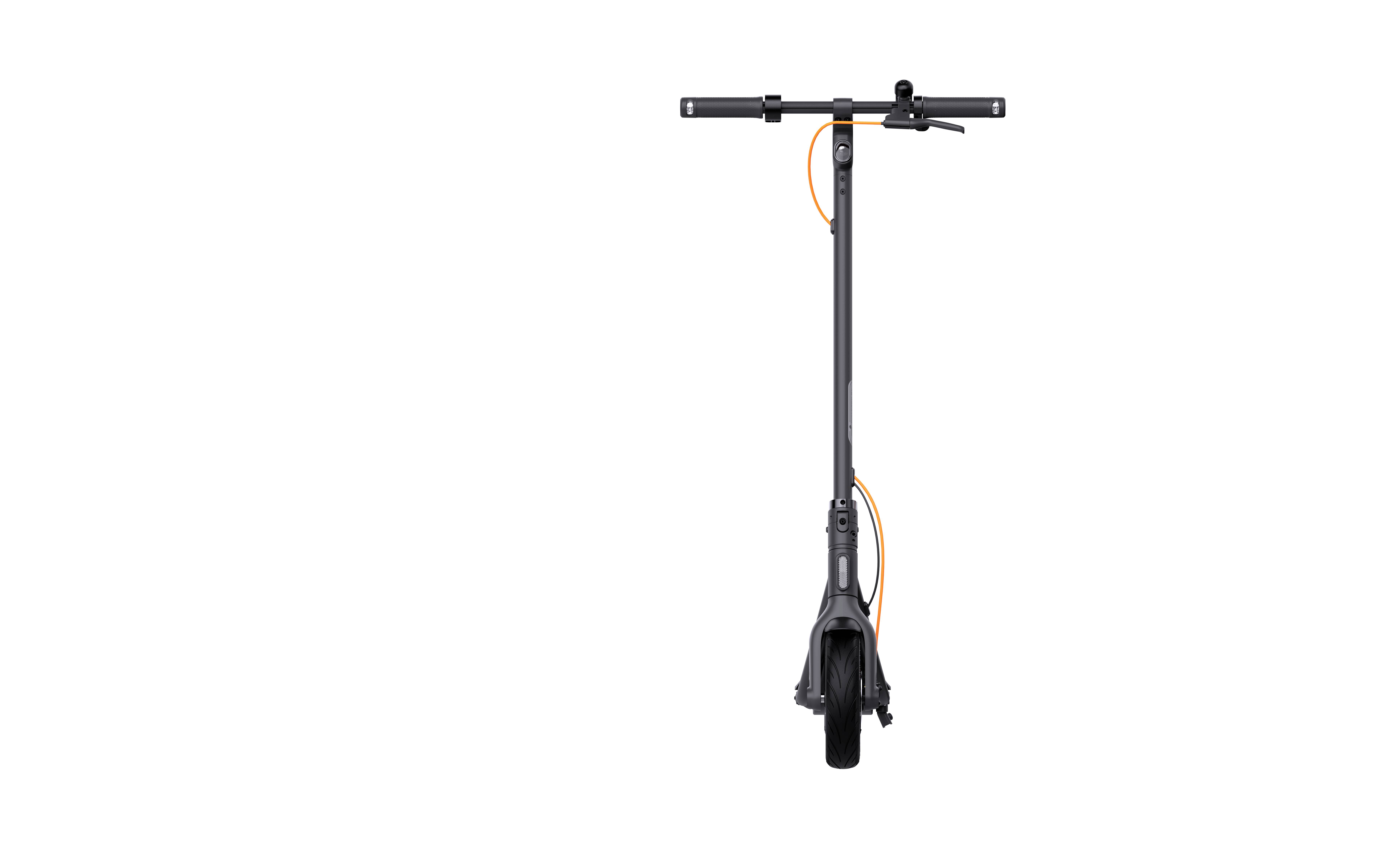 A black electric scooter with an orange cable, pictured from the front. Handlebars and front wheel are visible.