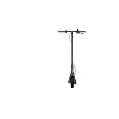 A black electric scooter with an orange cable, pictured from the front. Handlebars and front wheel are visible.