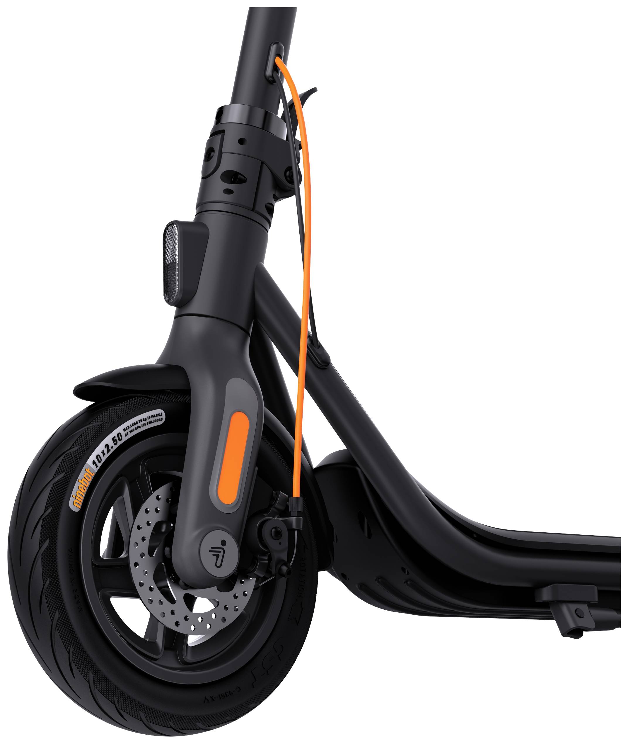 Electric scooter front section with orange cable, brake disc, and tyre marked '10 x 2.50'.