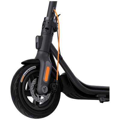 Electric scooter front section with orange cable, brake disc, and tyre marked '10 x 2.50'.