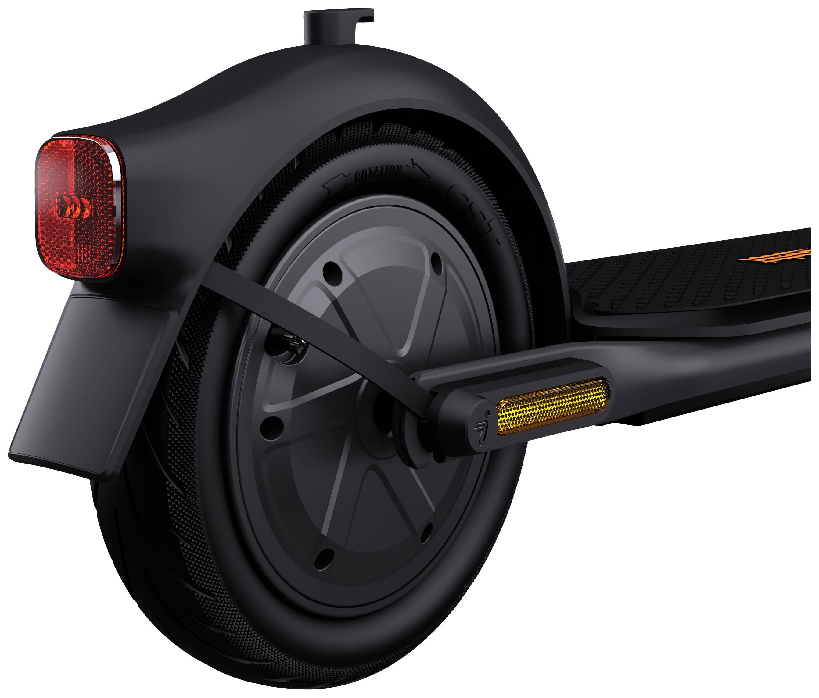 Black rear wheel of an electric scooter with red rear light and yellow reflector on mudguard, side detail view.