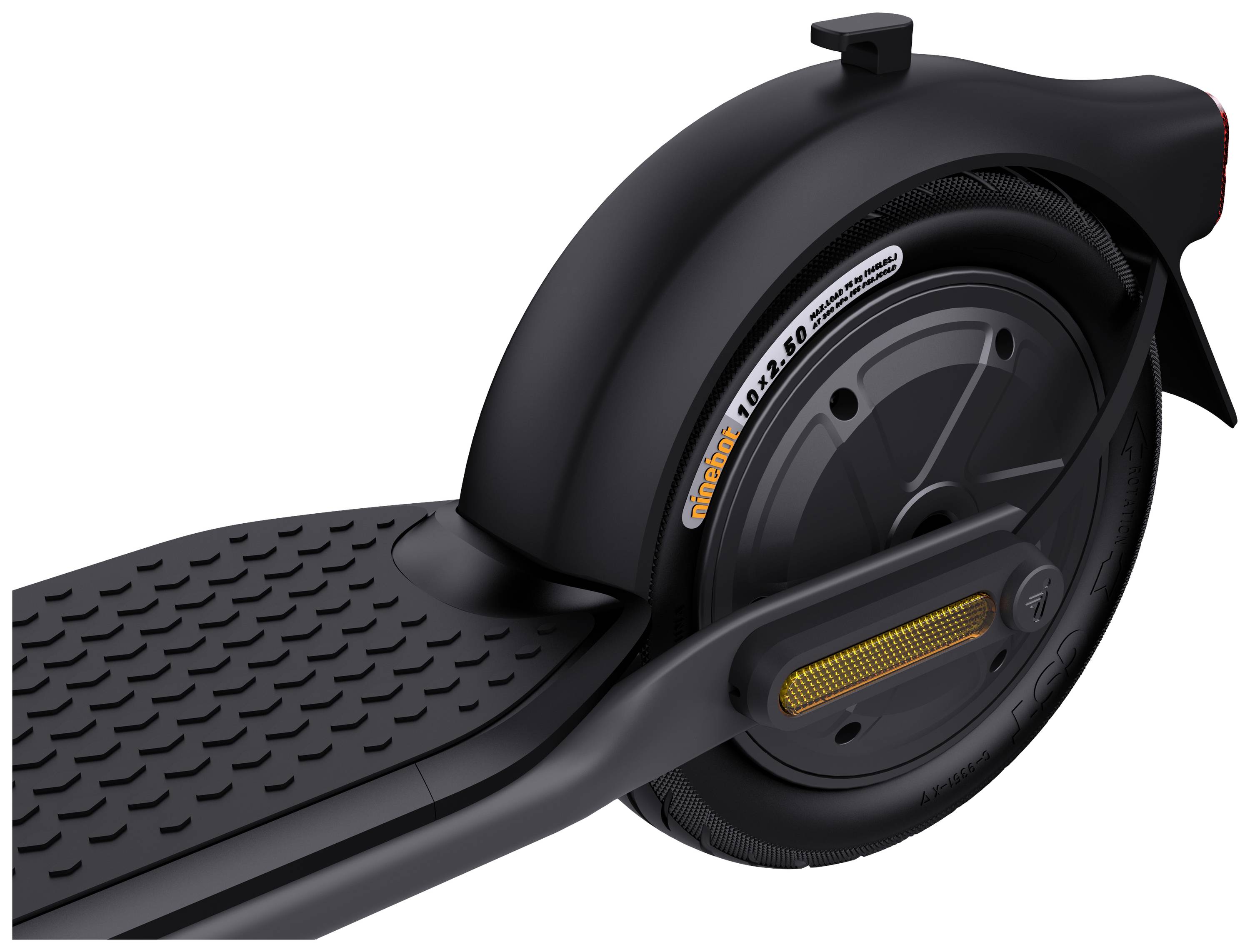 Black electric scooter tyre with textured footboard and orange reflector on the rear mudguard.