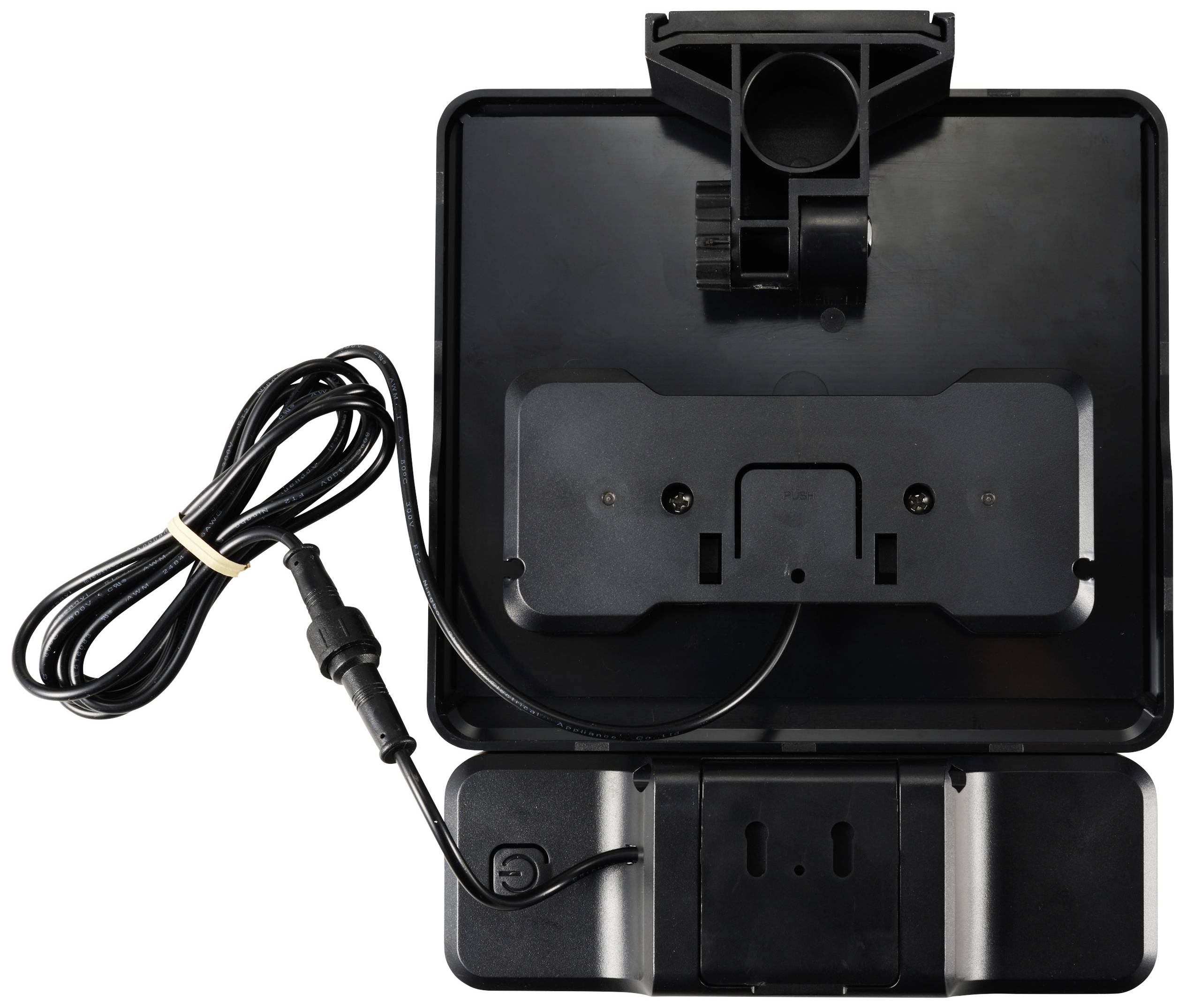 Rear view of a black electric docking station with a protruding cable and mount, suitable for electronic devices.