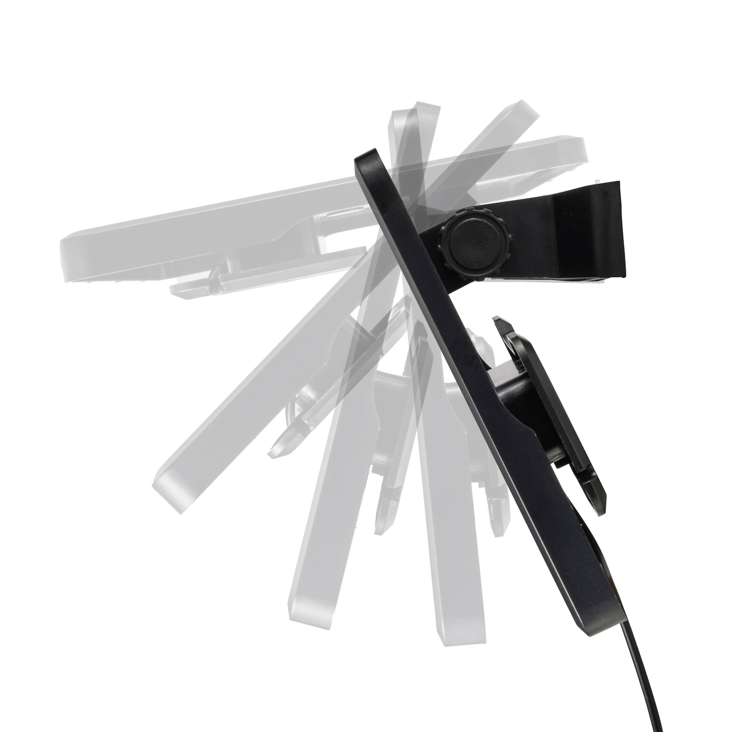 Webcam that can be adjusted at various angles shows the mounting bracket's range of movement up and down.