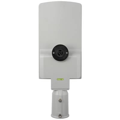 A white, rectangular antenna with a round, black connector in the centre, mounted on an adjustable bracket.
