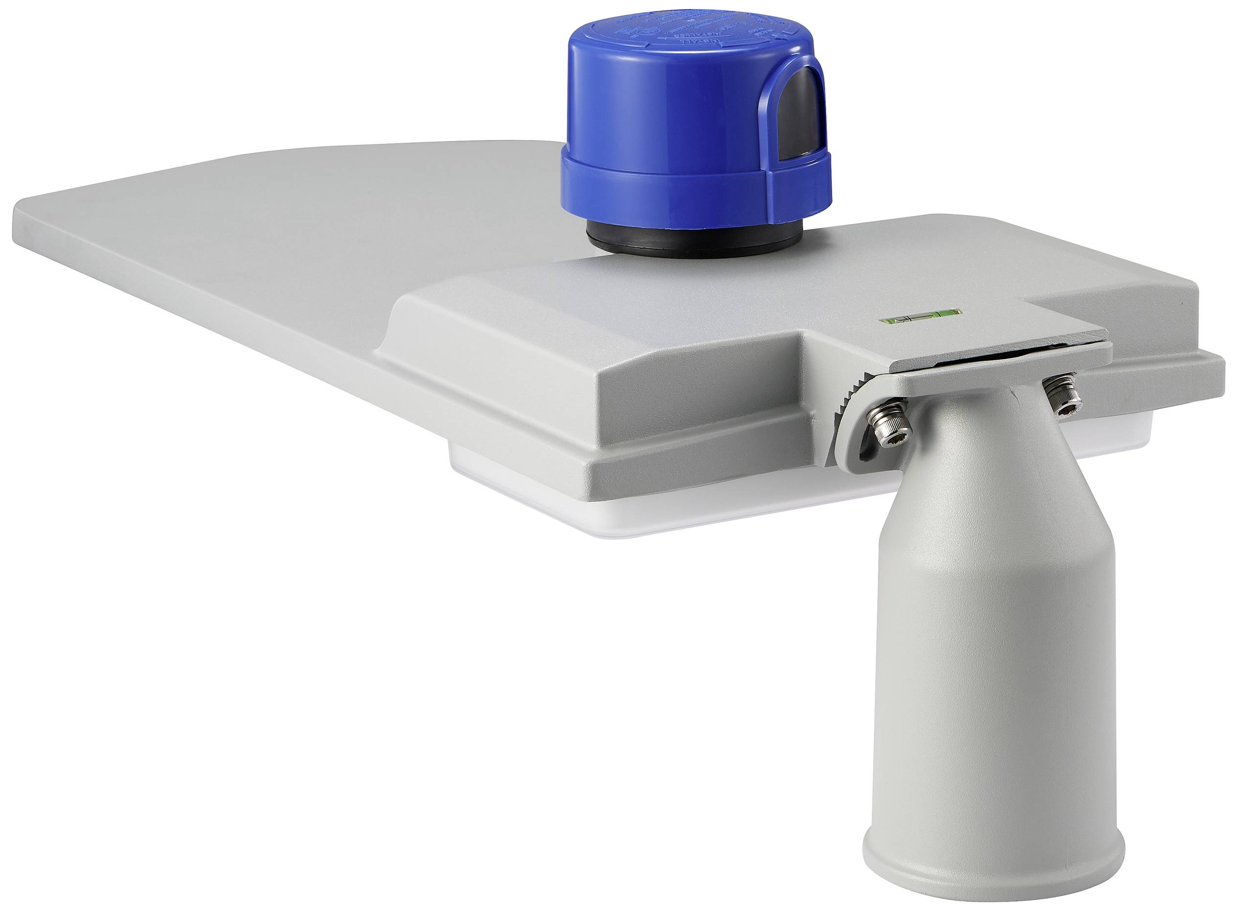 A modern street lamp with a blue sensor cover and grey housing, demonstrating advanced street lighting technology.