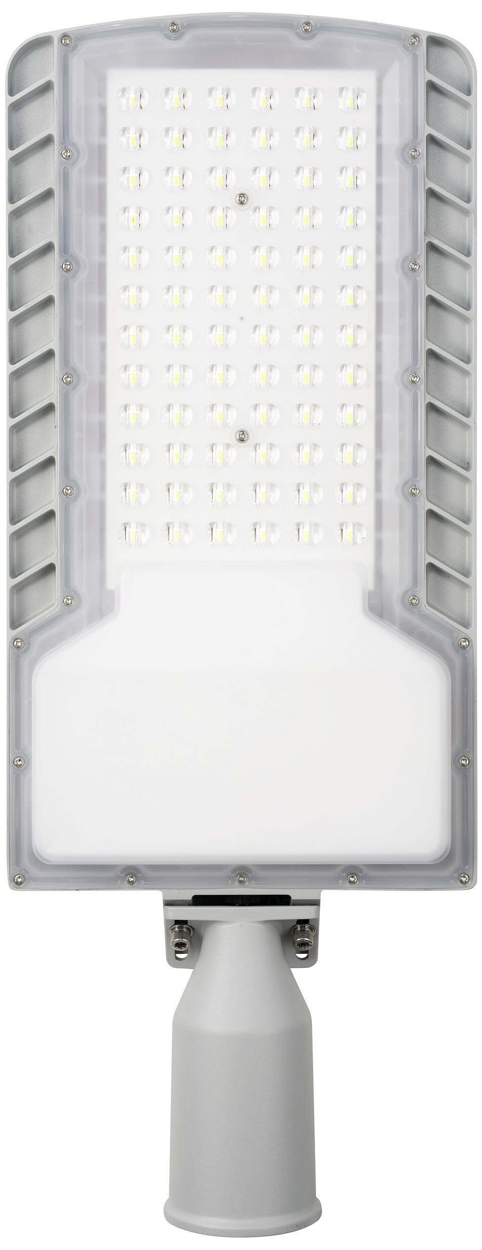 Street lamp with a rectangular LED light panel, mounted on a cylindrical grey pole.