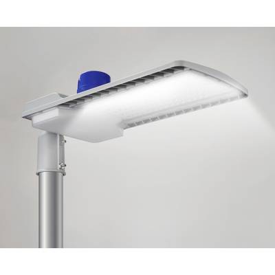 A modern street lamp with energy-saving LED lighting, mounted on a metal pole. Ideal for urban illumination.
