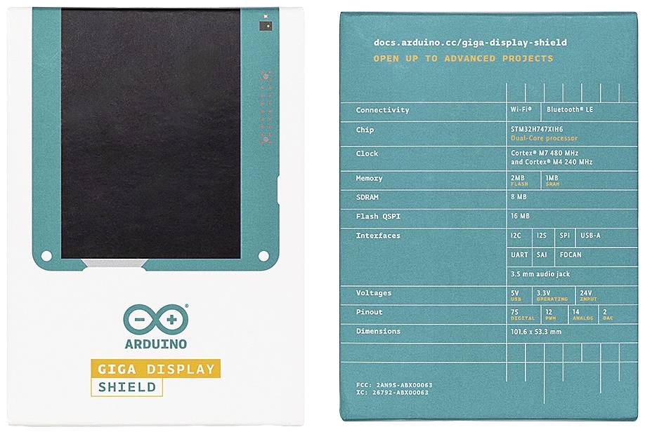 Arduino 'GIGA Display Shield' packaging with technical specifications: Wi-Fi, Bluetooth, ESP32-C6 Chip, 2.7-inch E-Ink display.