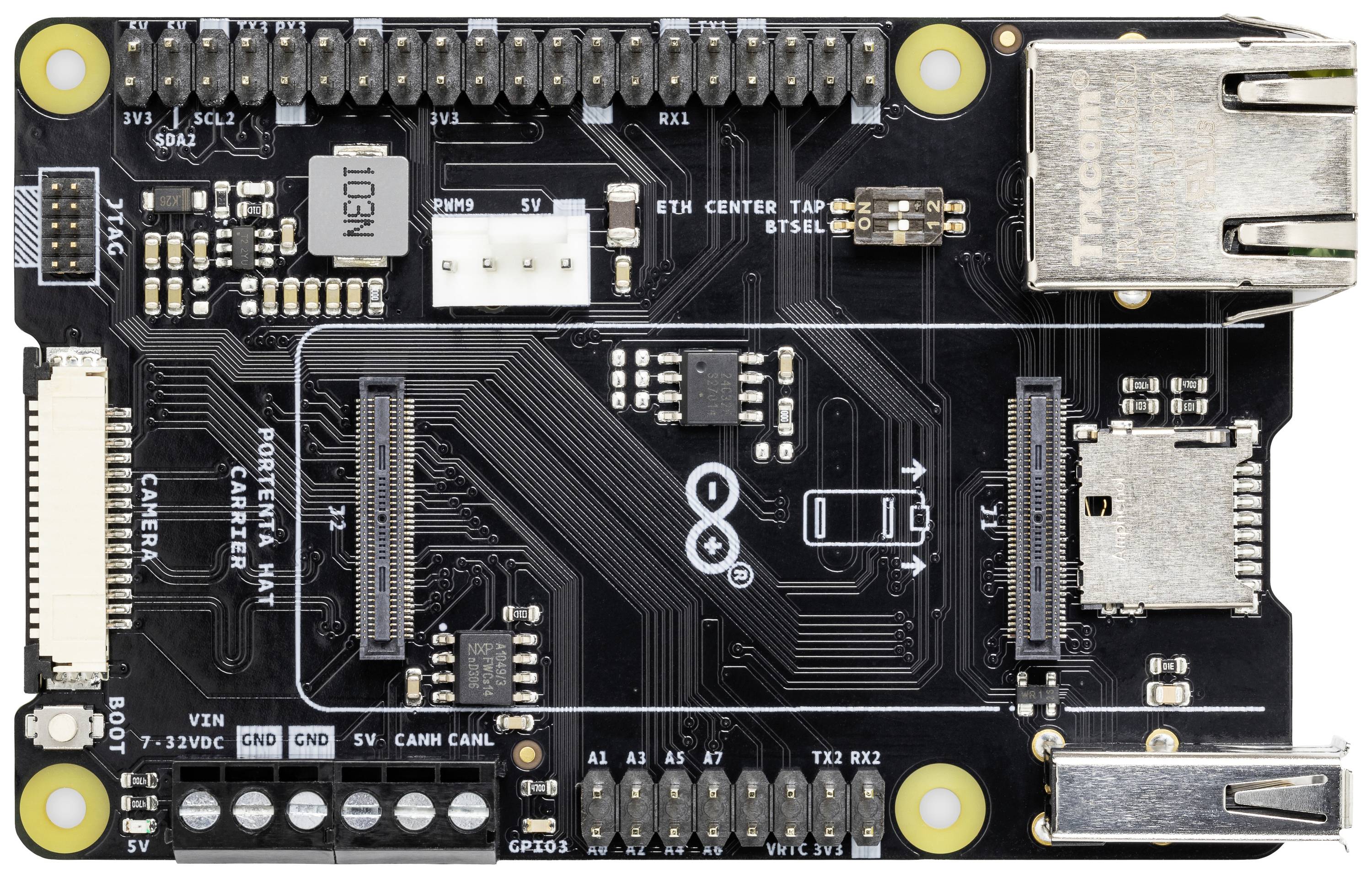 A black circuit board with multiple electronic components and connections, including USB and Ethernet ports.