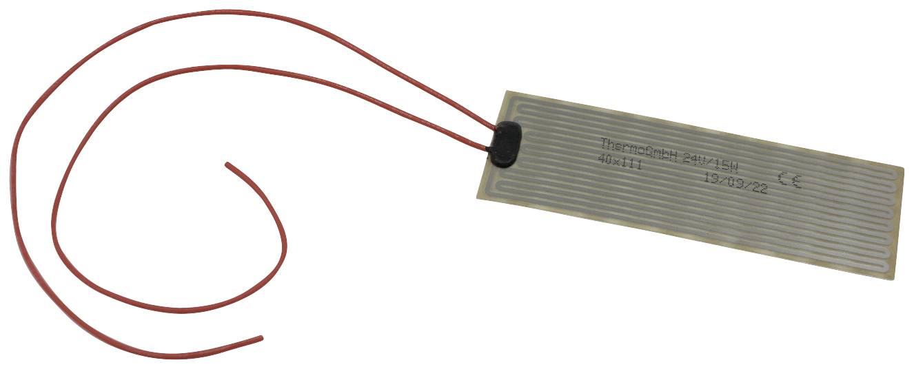 A rectangular heating element with red, protruding wires. Label on top shows specifications. Electrical component.