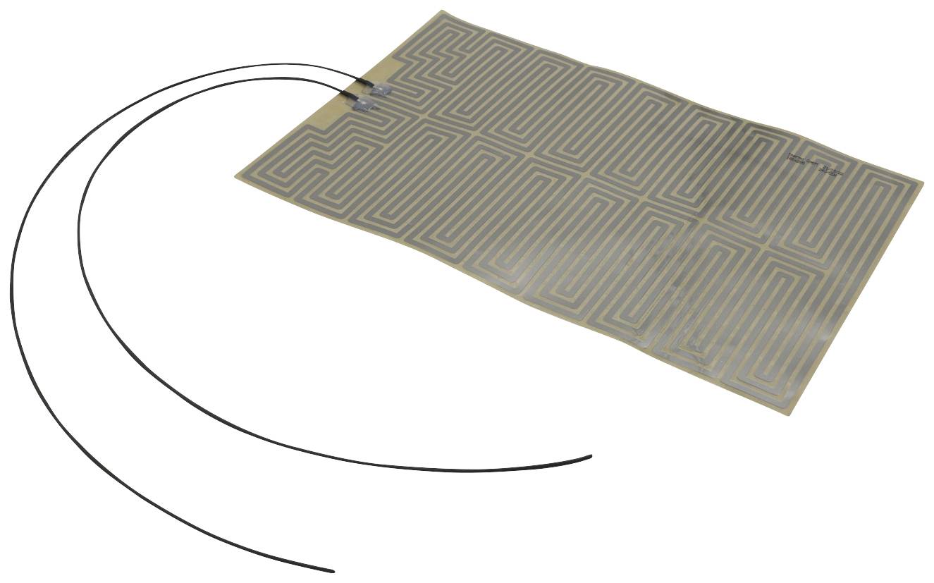 A heating pad with a complex circuit board design and two prominent cables serving as electrical connections.