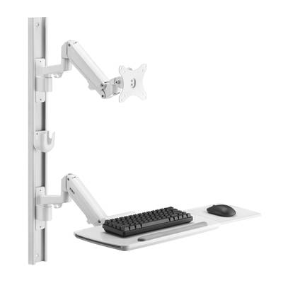 A white, wall-mounted desk arm with a keyboard tray and monitor mount, ideal for ergonomic workstations.