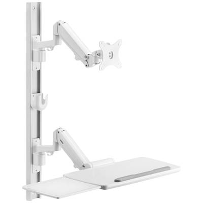 A white, height-adjustable monitor arm with a keyboard tray attached to a vertical rail, designed for ergonomic workspace configuration.