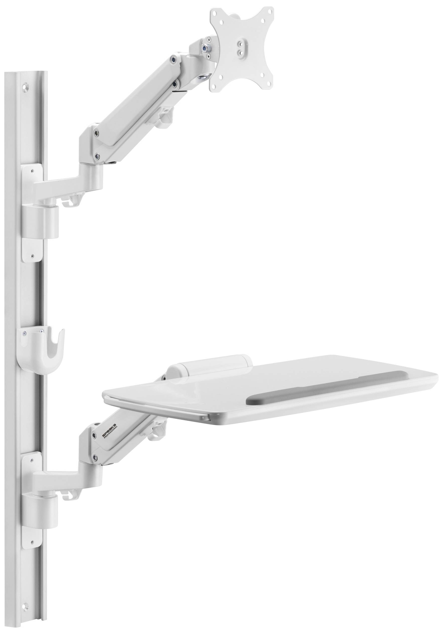 Adjustable wall-mounted monitor and keyboard holder in silver, with a pivoting arm and shelf for optimal positioning.