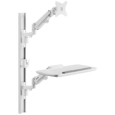Adjustable wall-mounted monitor and keyboard holder in silver, with a pivoting arm and shelf for optimal positioning.