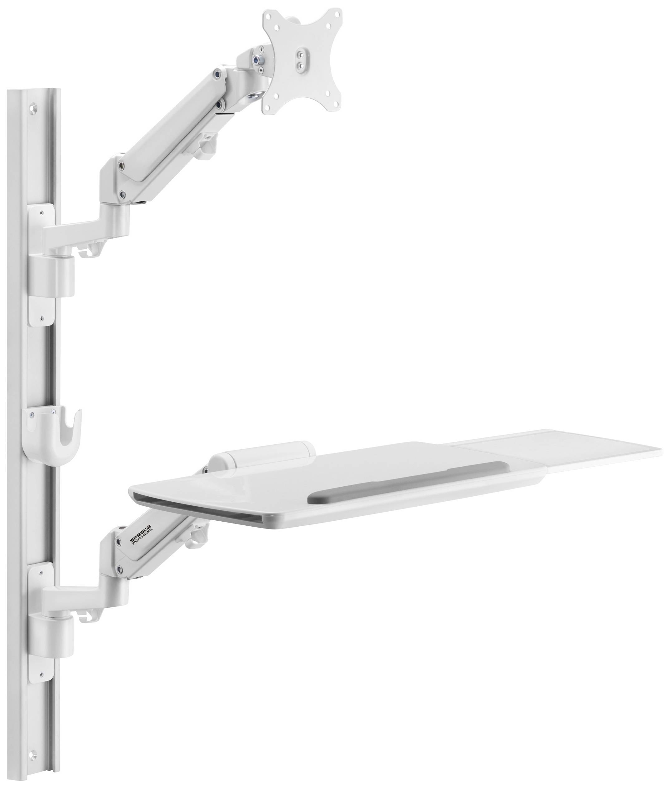 A height-adjustable, wall-mounted desk arm with a mount for a monitor and a shelf for a keyboard. Ideal for ergonomic working while standing or sitting.