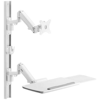 A white wall-mounted arm with an adjustable monitor mount and extendable keyboard tray, suitable for ergonomic workstations.