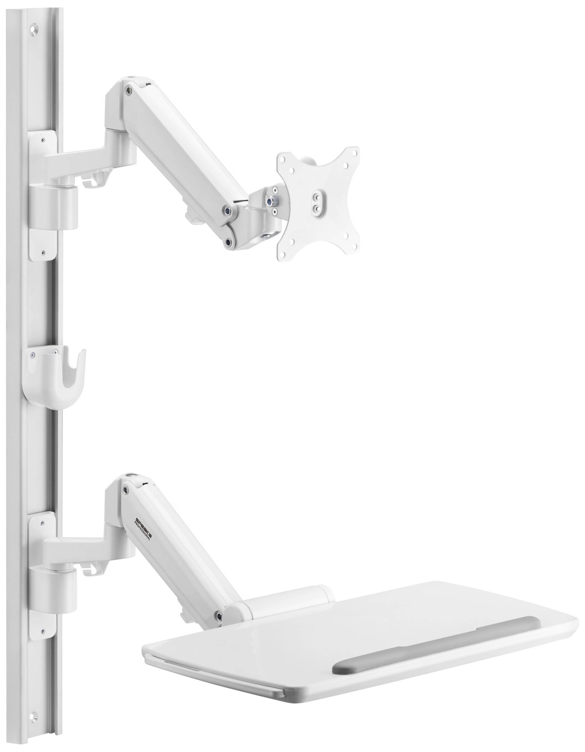 Monitor mount with keyboard tray, mounted on a vertical rail. Enables height-adjustable and flexible workstation.