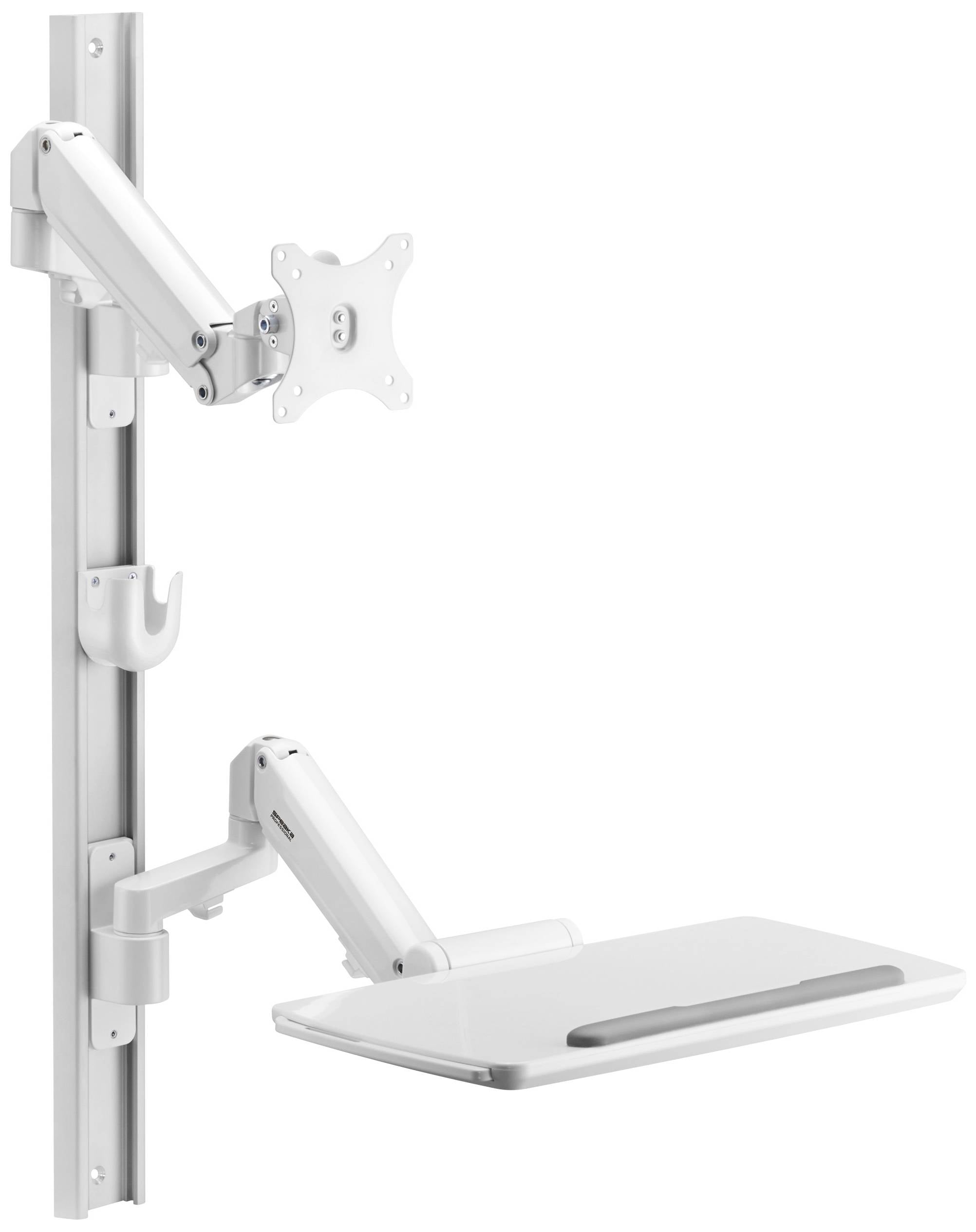 Wall-mounted white desk and monitor mount with two arms. The lower arm carries an angled shelf surface for keyboard or laptop.
