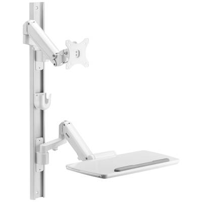 Wall-mounted white desk and monitor mount with two arms. The lower arm carries an angled shelf surface for keyboard or laptop.