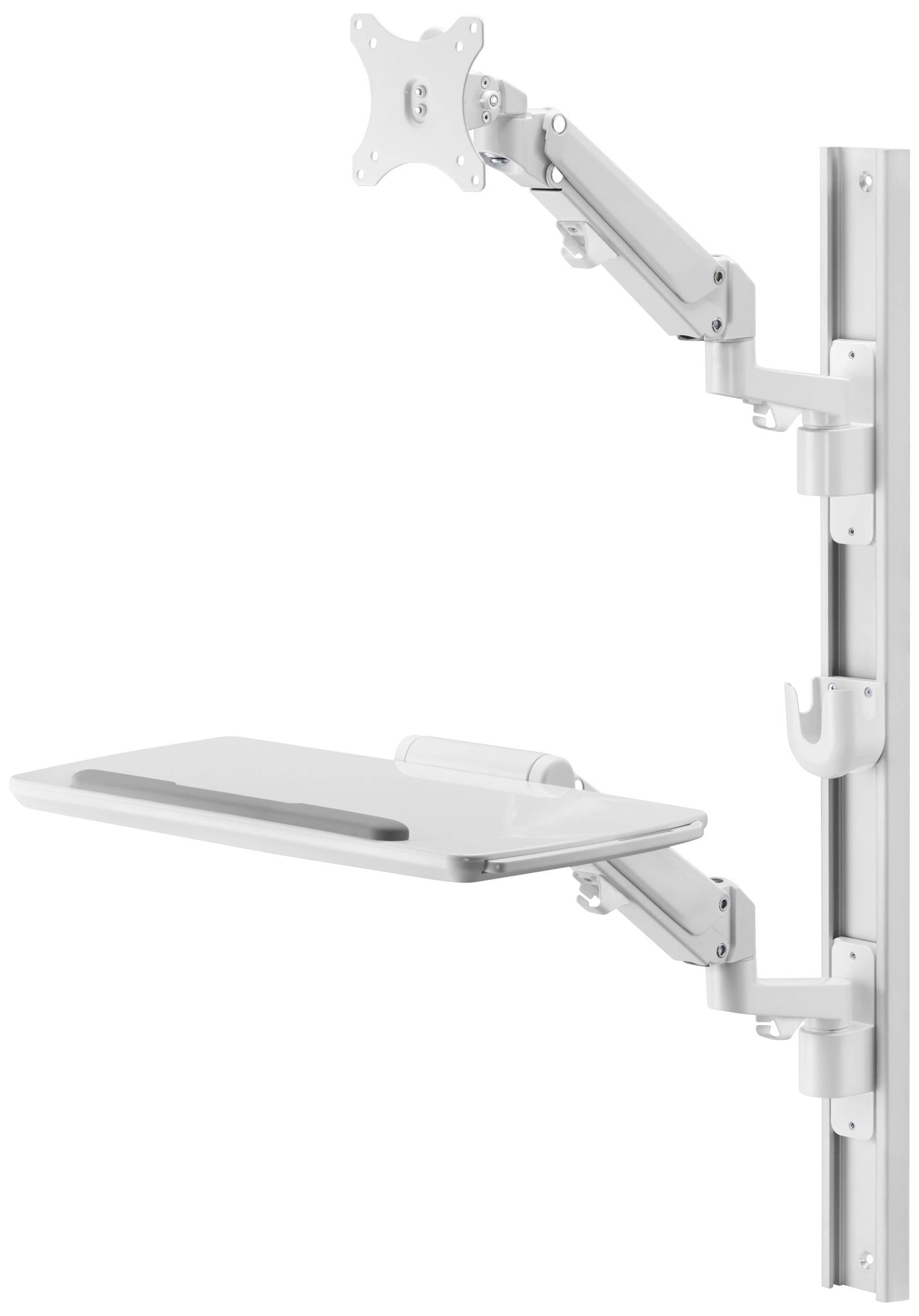 A height-adjustable, white monitor arm with an attached keyboard tray, mounted on a vertical rail.