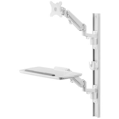 A height-adjustable, white monitor arm with an attached keyboard tray, mounted on a vertical rail.