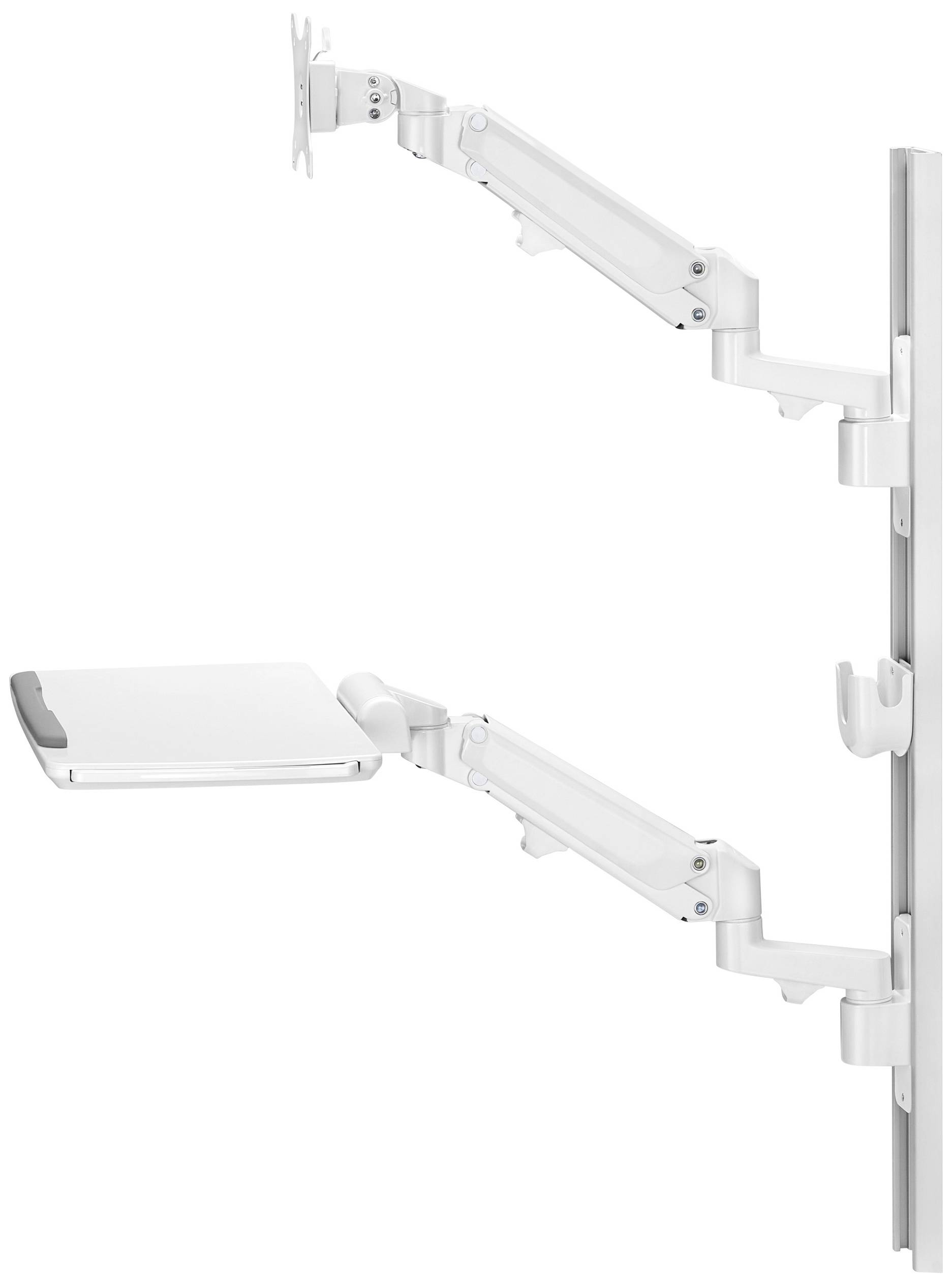 A height-adjustable, white wall-mounted system with monitor and keyboard mount, ideal for ergonomic workplace adaptations.