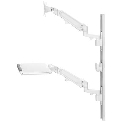 A height-adjustable, white wall-mounted system with monitor and keyboard mount, ideal for ergonomic workplace adaptations.