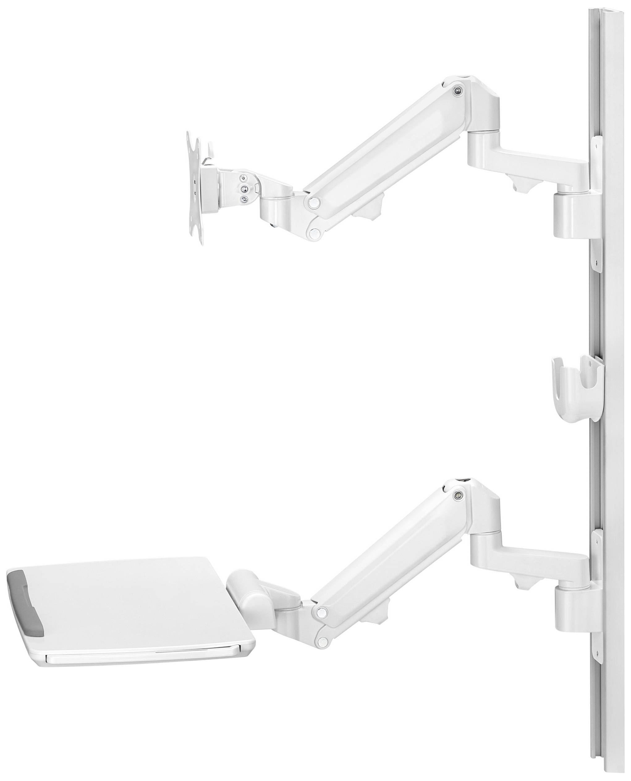 A white, adjustable wall-mounted arm for mounting a monitor and keyboard, enabling flexible workplace configuration.