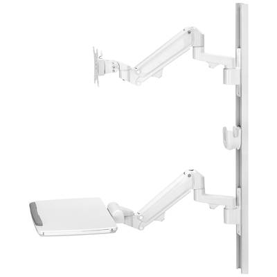 A white, adjustable wall-mounted arm for mounting a monitor and keyboard, enabling flexible workplace configuration.
