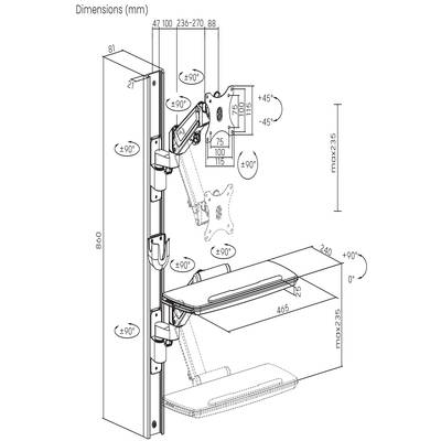 Technical drawing of a monitor arm with dimensions in mm. Shows height adjustability, rotation angle, and wall mounting options.