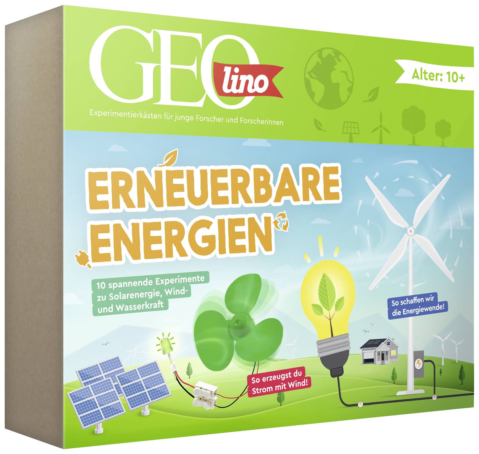 Renewable Energy Experiment Kit for children aged 10+. Includes experiments on solar energy, wind power, and hydroelectric power.