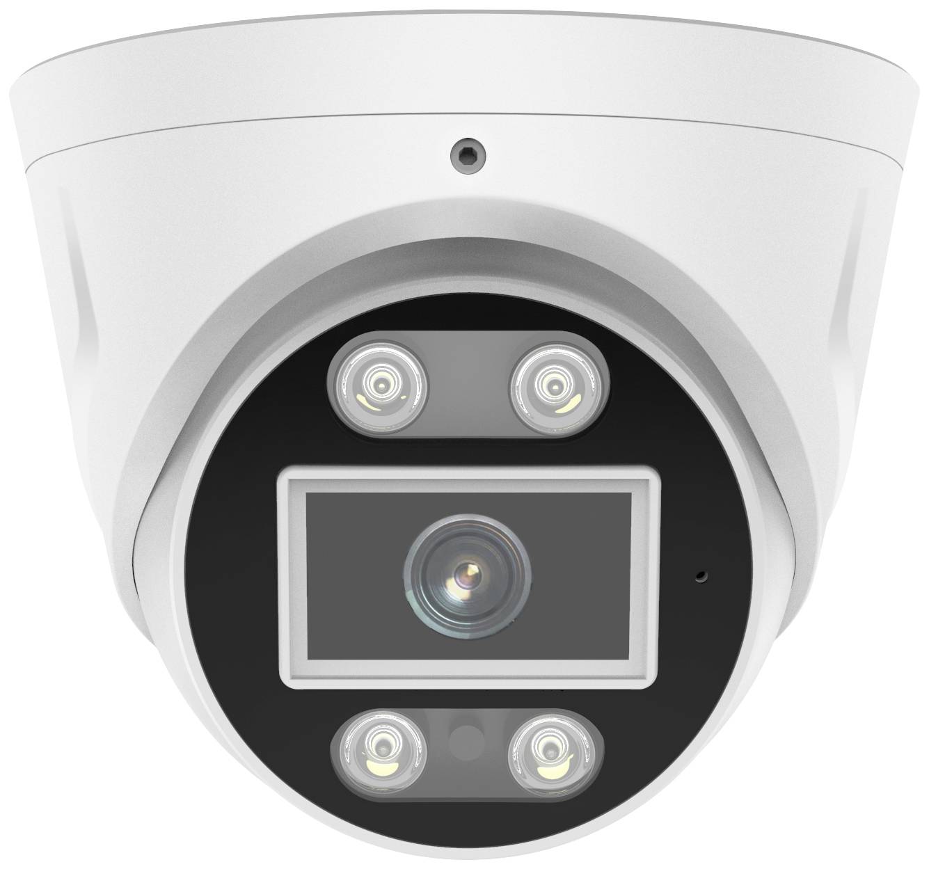 Surveillance camera in a white casing with four LED lights and a central lens.