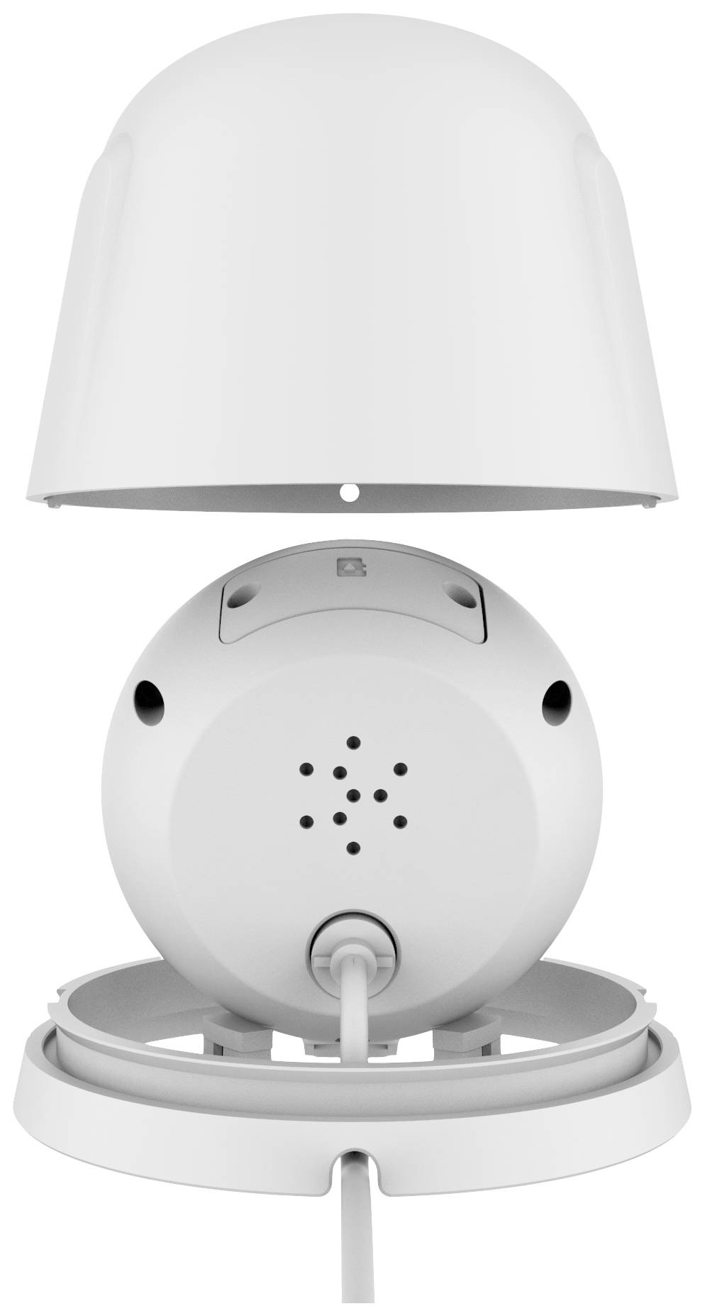 A white security camera, partially opened, reveals its inner housing and connection.