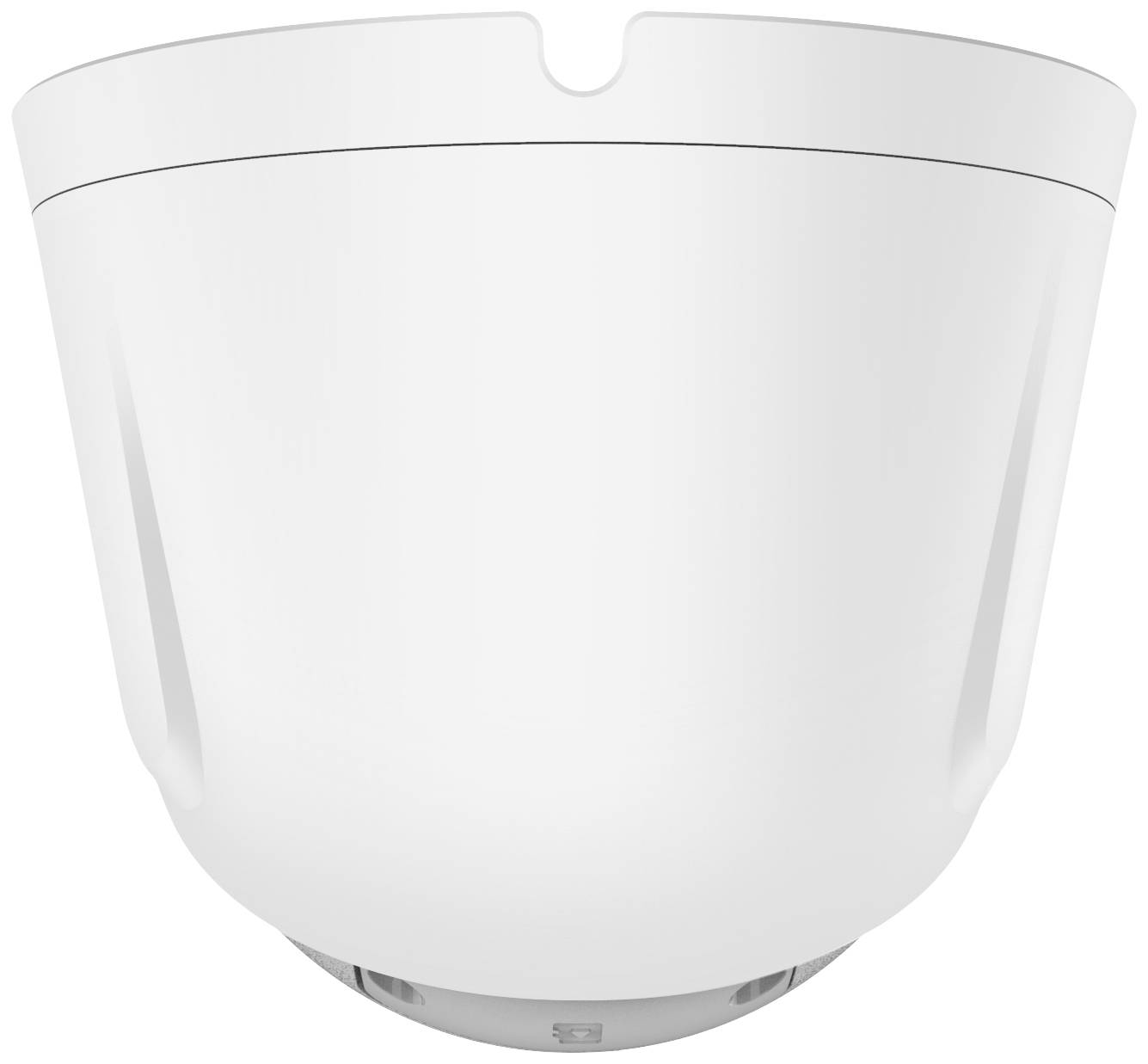 A white, dome-shaped surveillance camera, mounted on the ceiling. It features multiple lenses and is designed for security purposes.