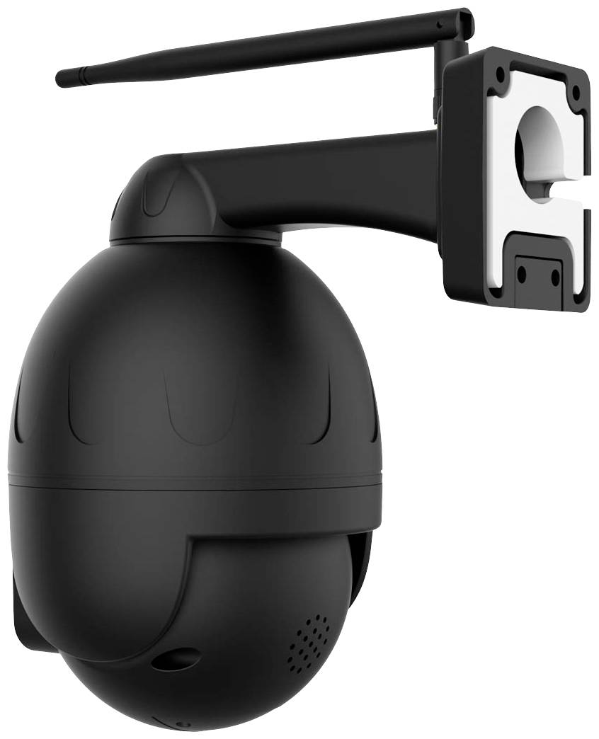 Surveillance camera with antenna and wall mount, suitable for indoor and outdoor use.