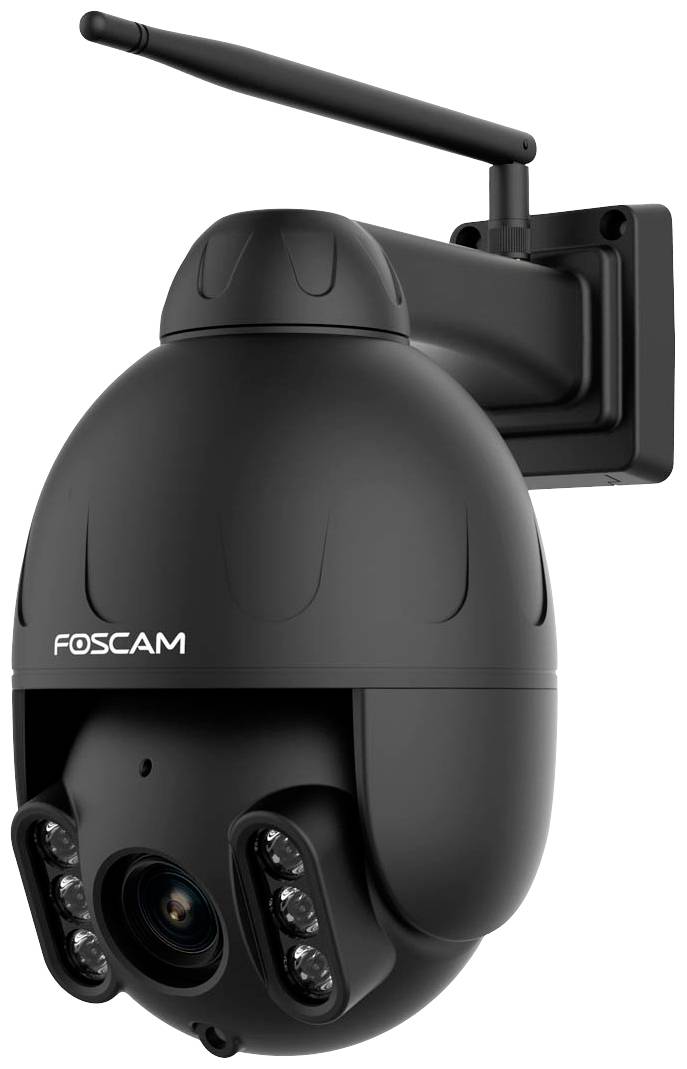 Black, spherical surveillance camera with wireless antenna, four infrared LEDs around the lens. Brand name visible.
